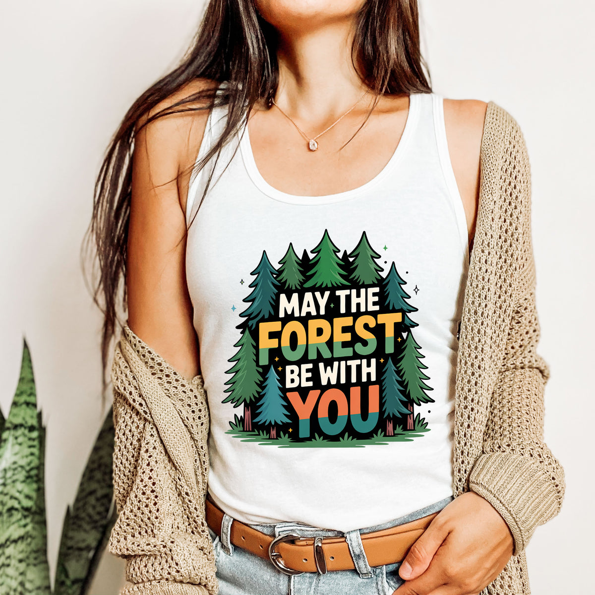 May The Forest Be With You Camping Shirt | Pine Tree Nature Gift | Funny Hiking T-shirt | Racerback Tank Top