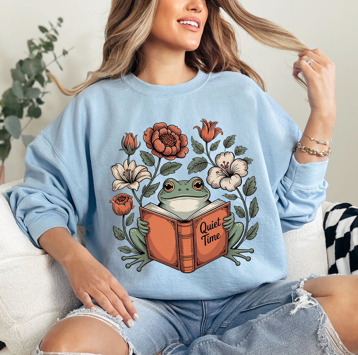 Cute Frog Bookish Shirt | Light blue Crewneck Sweatshirt