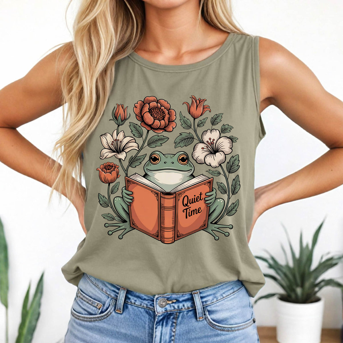 Cute Frog Bookish Shirt | Sandstone Garment Dyed Tank Top