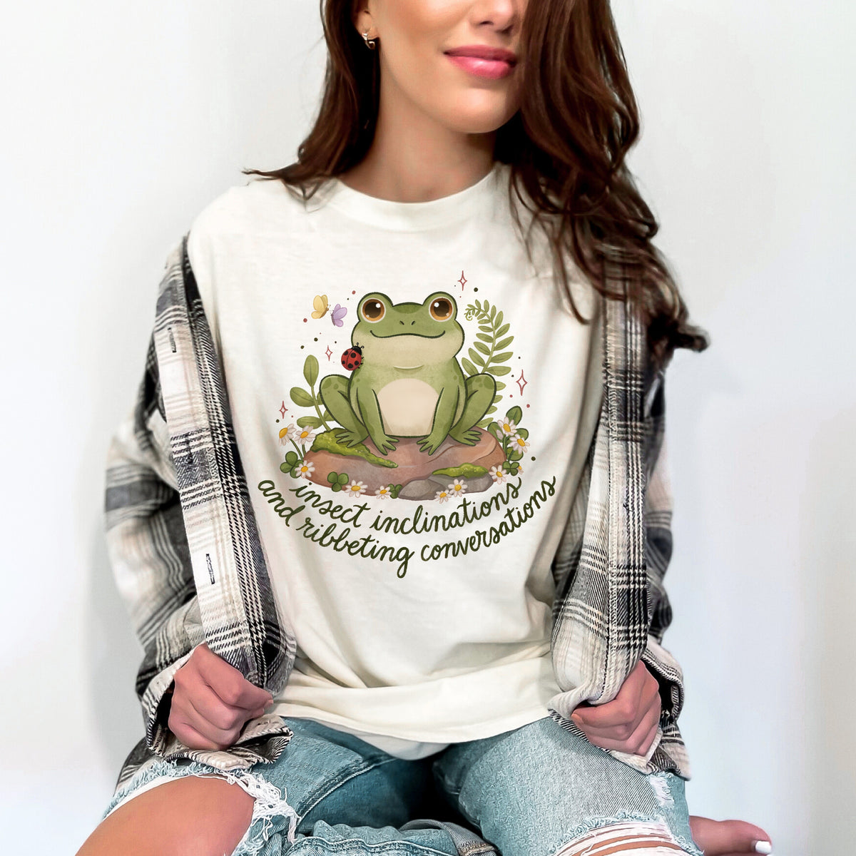 Ribbeting Conversations Funny Frog Shirt | Ivory Garment Dyed Tshirt