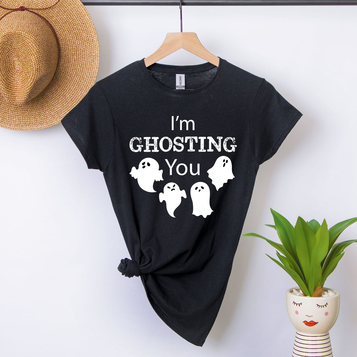 Ghosting You Funny Halloween Ghost Shirt | Women's Slim-Fit Black Tshirt