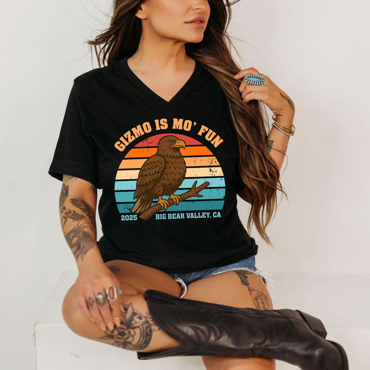 Gizmo Is Mo' Fun Big Bear Bald Eagle Shirt | Black V-neck T-shirt