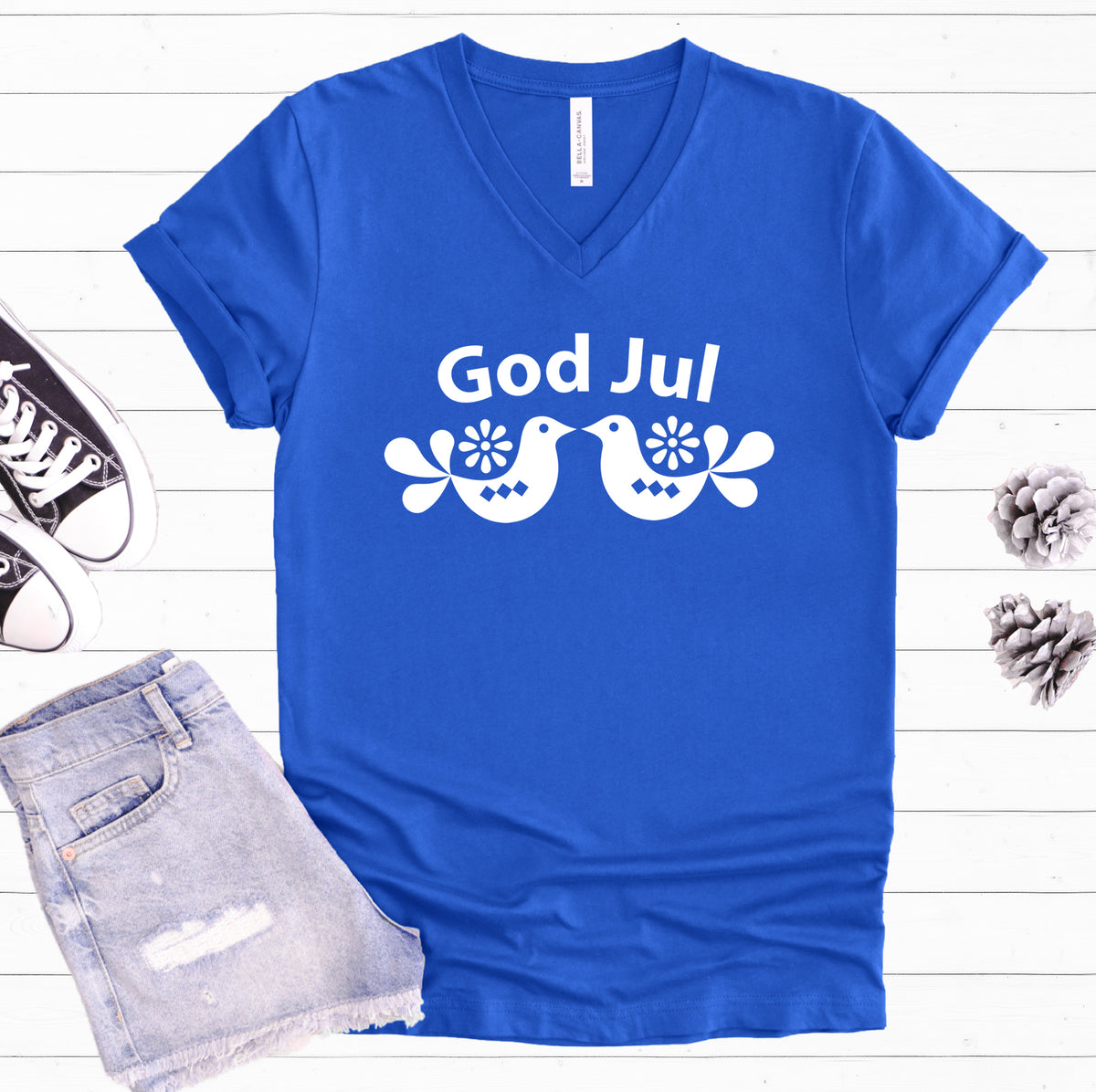 God Jul Swedish Christmas V Neck Shirt | Royal Blue V-neck T-shirt