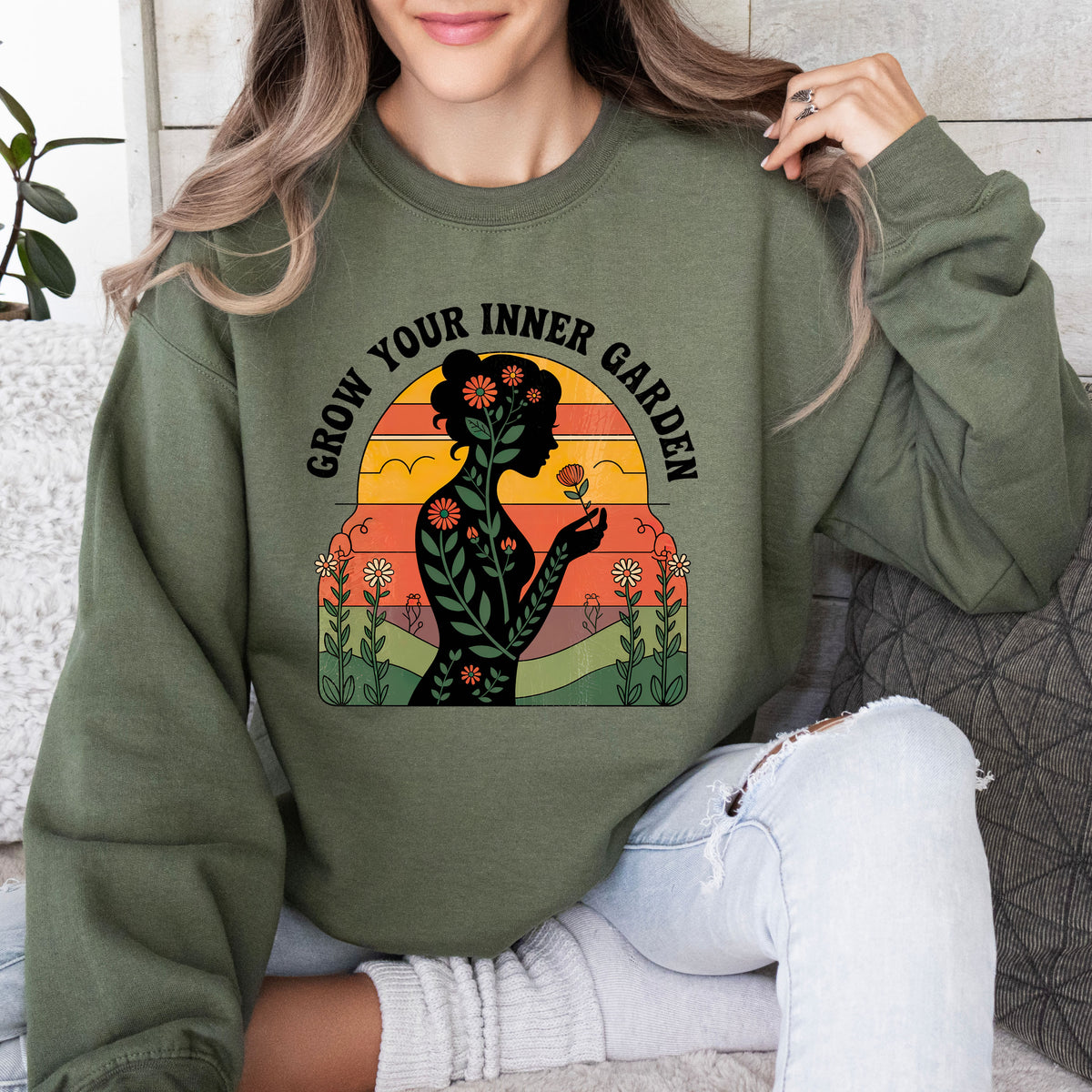 Grow Your Inner Garden Motivational Shirt | Military Green Sweatshirt