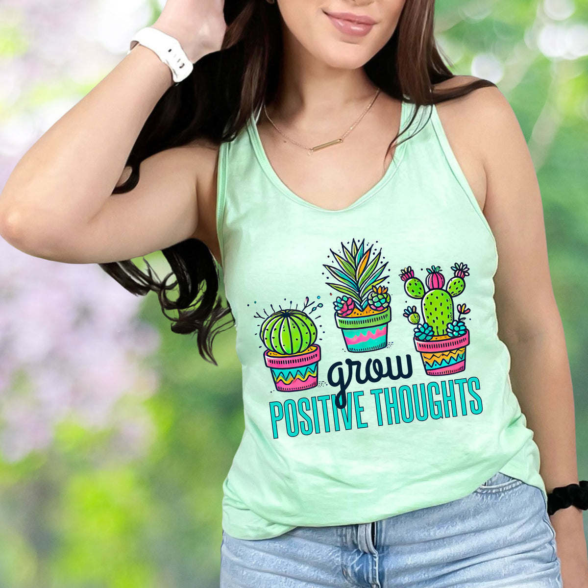 Grow Positive Thoughts Cactus Shirt  | Mint Green Racerback Tank Top