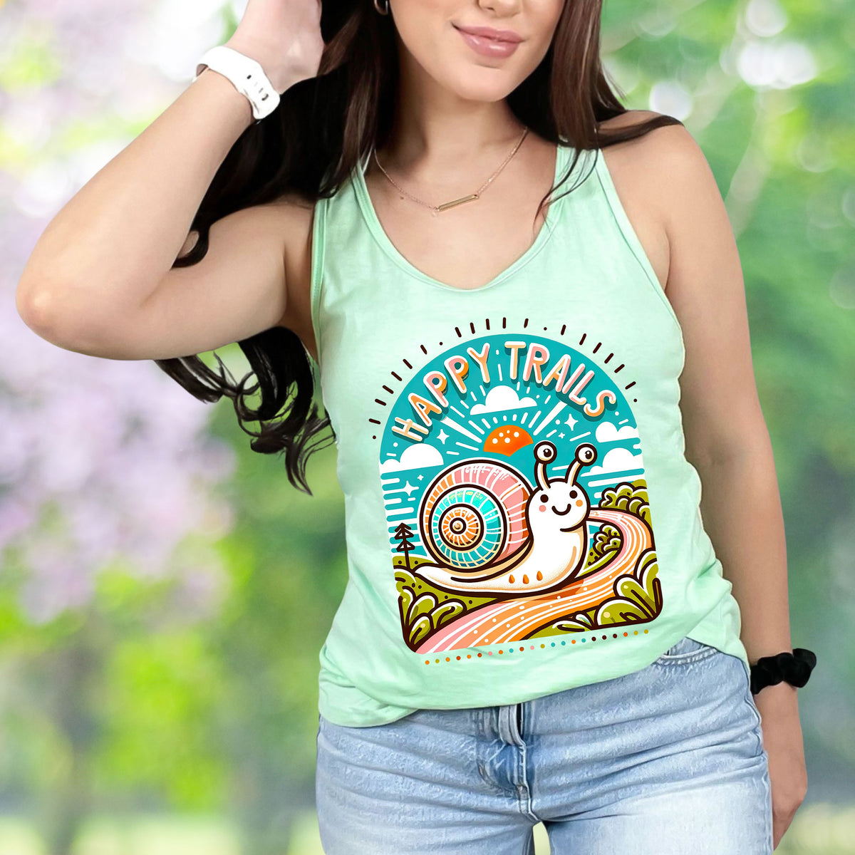 Happy Trails Funny Snail Hiking Shirt | Mint Racerback Tank Top