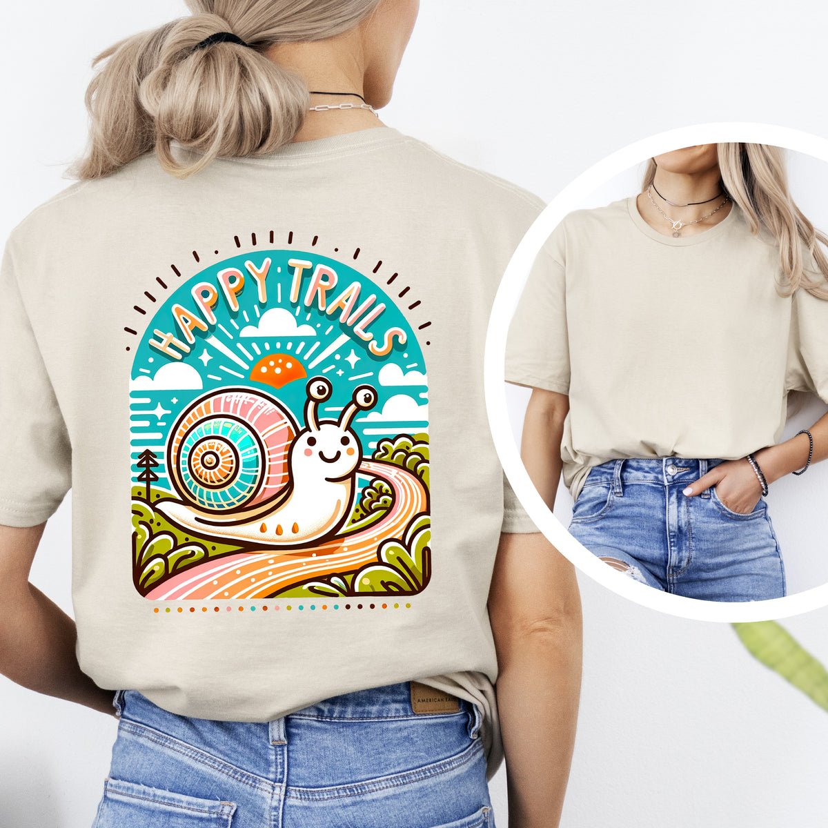 Happy Trails Funny Snail Hiking Shirt | Sand Unisex Soft Style Tshirt