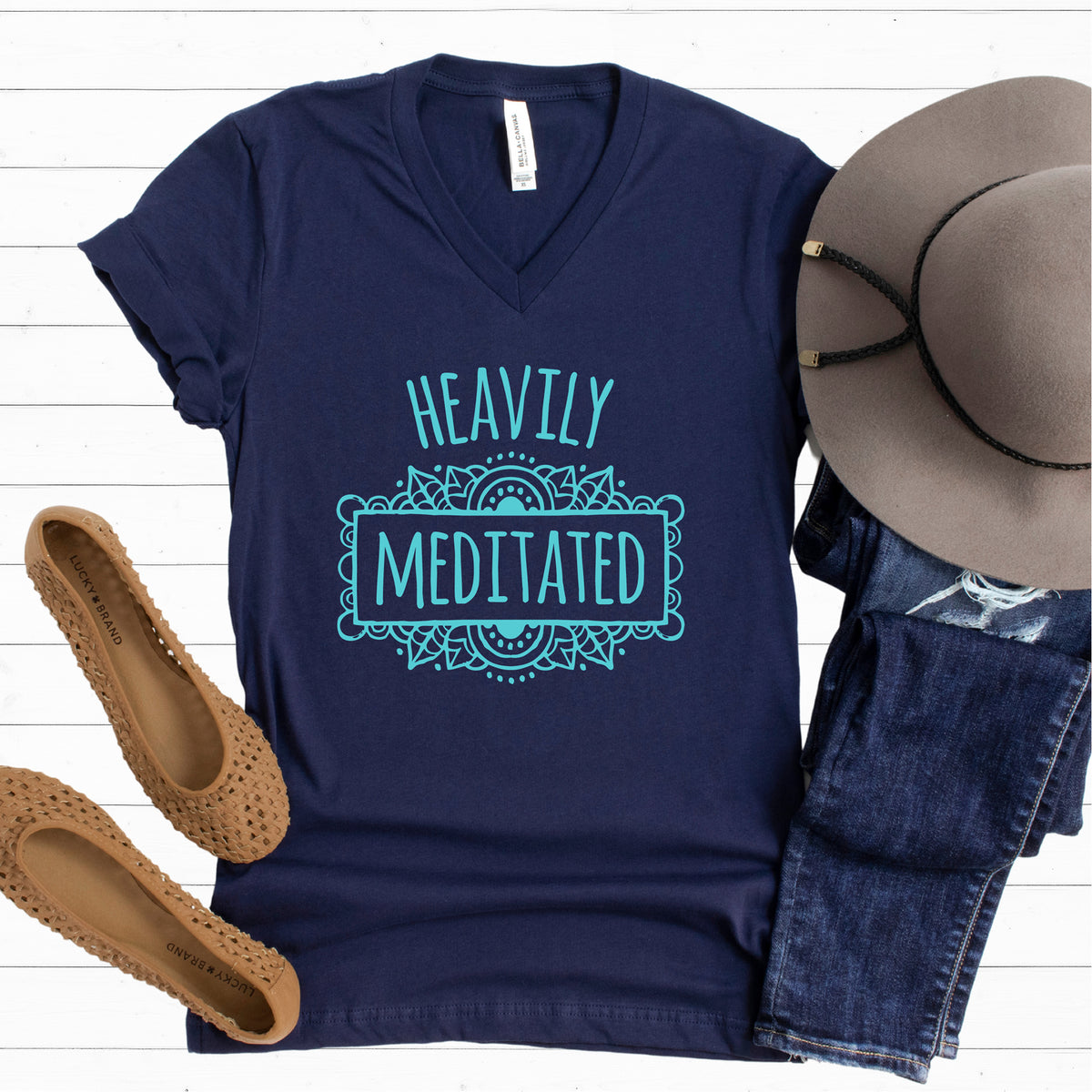 Heavily Meditated Funny Yoga Lover Shirt | Meditation Gift | Navy Unisex Vneck Tshirt