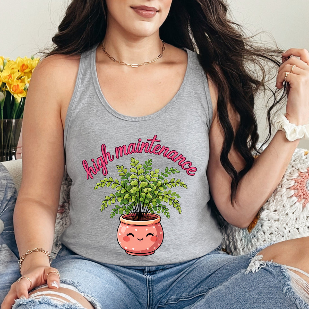 High Maintenance Maidenhair Fern Gardening Shirt | Plant Lover Gift | Women's Slim Fit Ideal Racerback Tank Top
