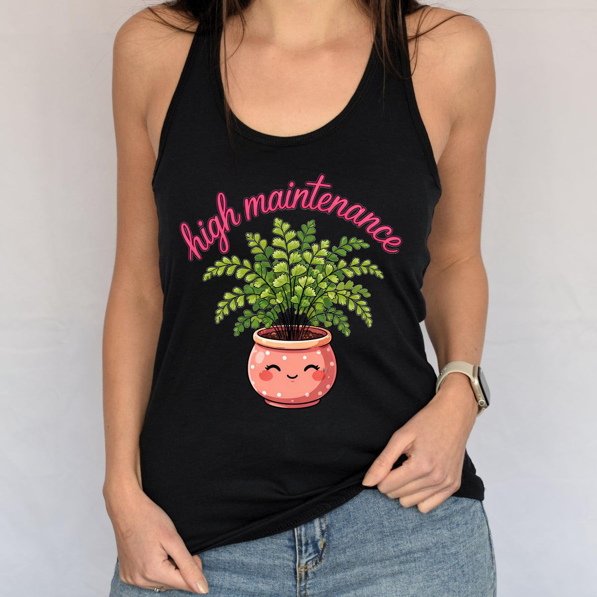 High Maintenance Maidenhair Fern Gardening Shirt | Plant Lover Gift | Women's Slim Fit Ideal Racerback Tank Top