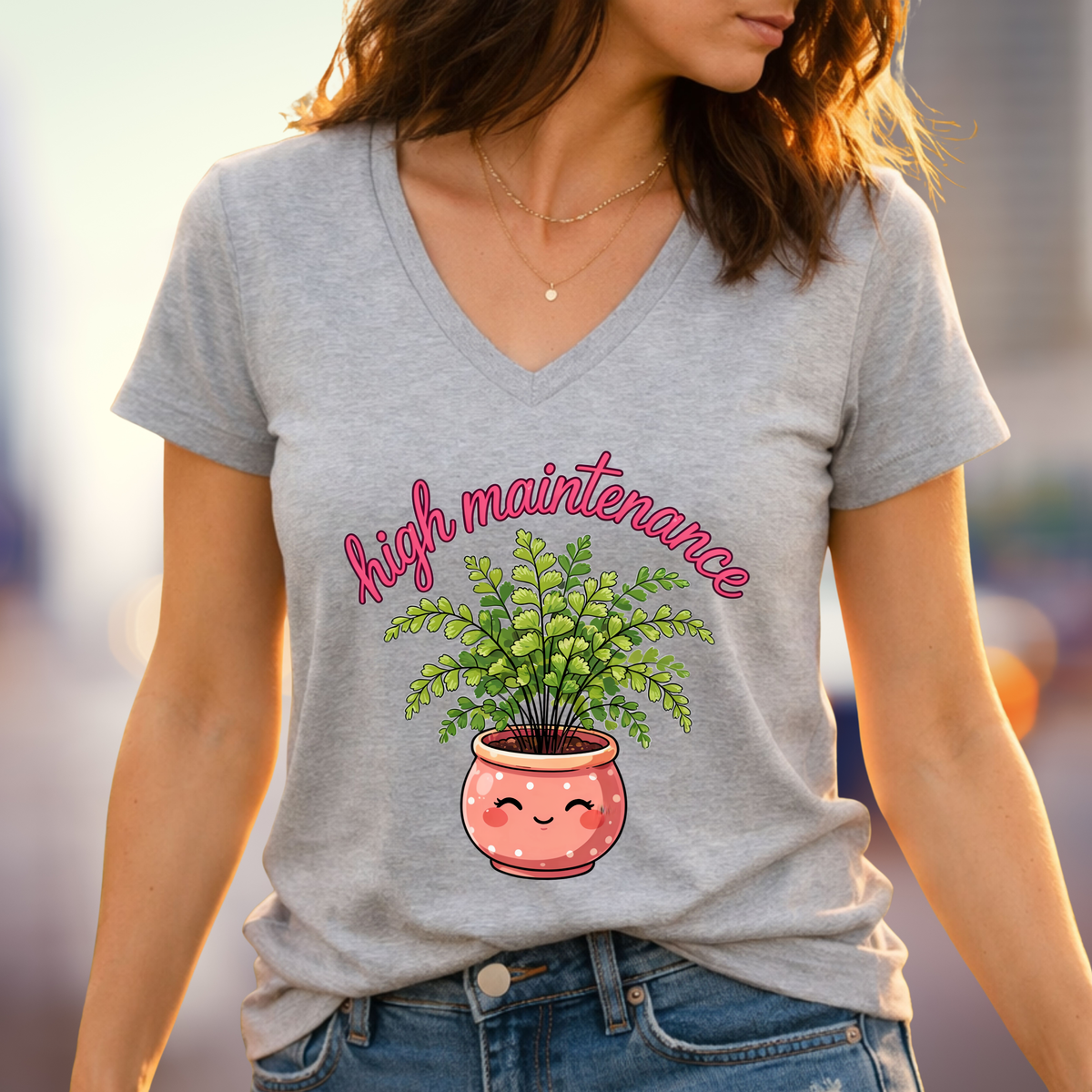 High Maintenance Maidenhair Fern Gardening Shirt | Plant Lover Gift | Women's Relaxed V-Neck Tee