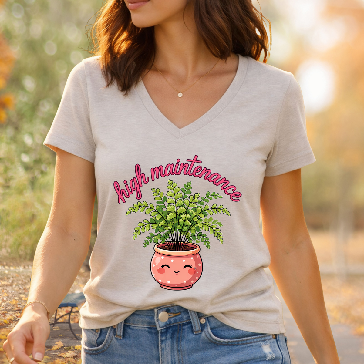 High Maintenance Maidenhair Fern Gardening Shirt | Plant Lover Gift | Women's Relaxed V-Neck Tee