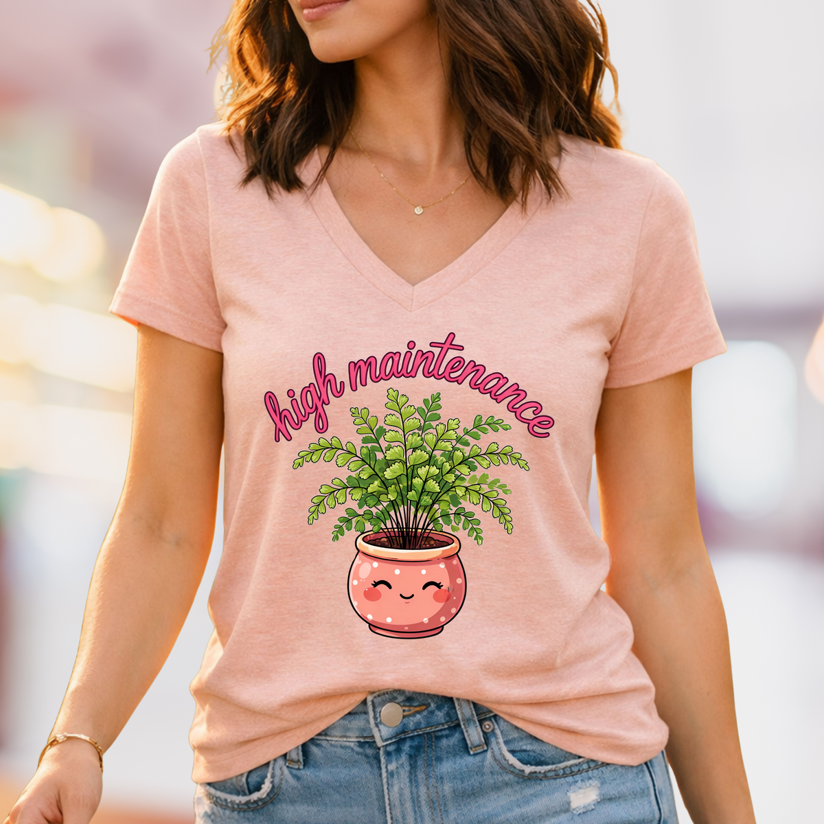 High Maintenance Maidenhair Fern Gardening Shirt  | Heather Peach V-neck T-shirt