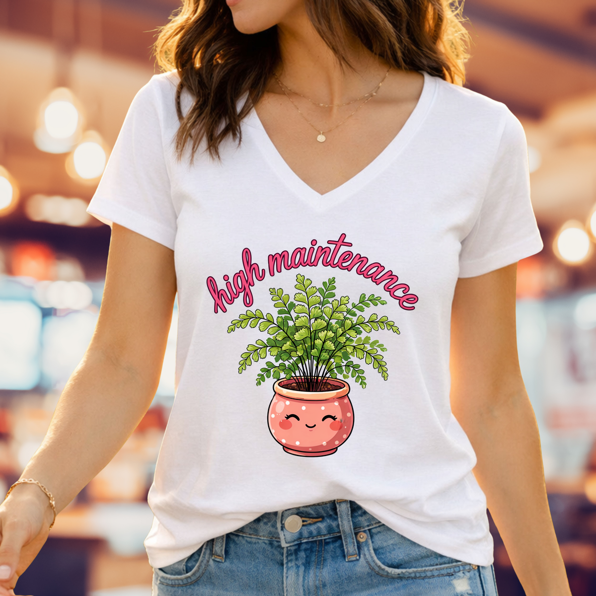 High Maintenance Maidenhair Fern Gardening Shirt | Plant Lover Gift | Women's Relaxed V-Neck Tee