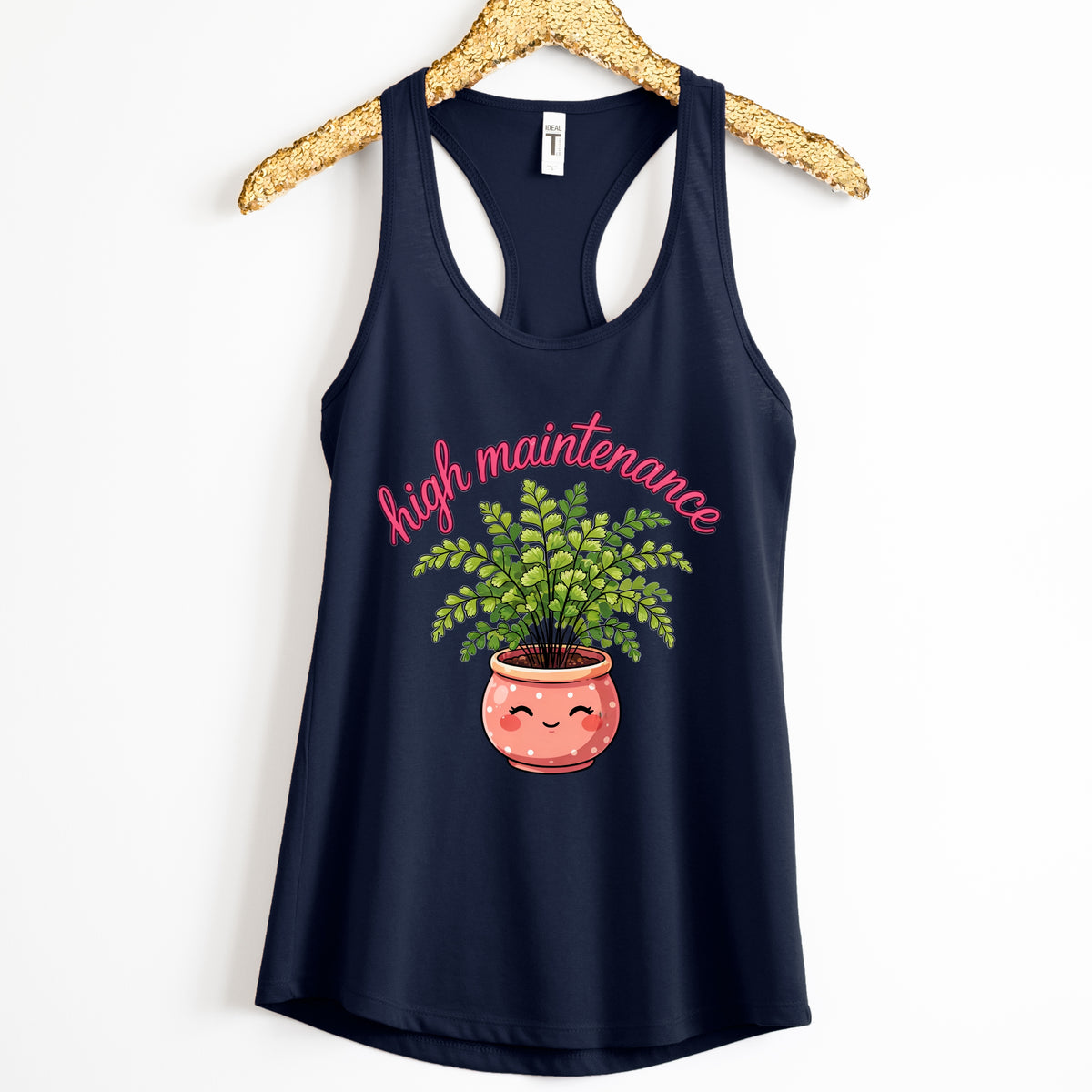 High Maintenance Maidenhair Fern Gardening Shirt | Midnight Navy Racerback Tank Top