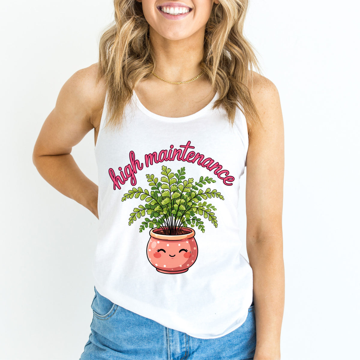 High Maintenance Maidenhair Fern Gardening Shirt | Plant Lover Gift | Women's Slim Fit Ideal Racerback Tank Top