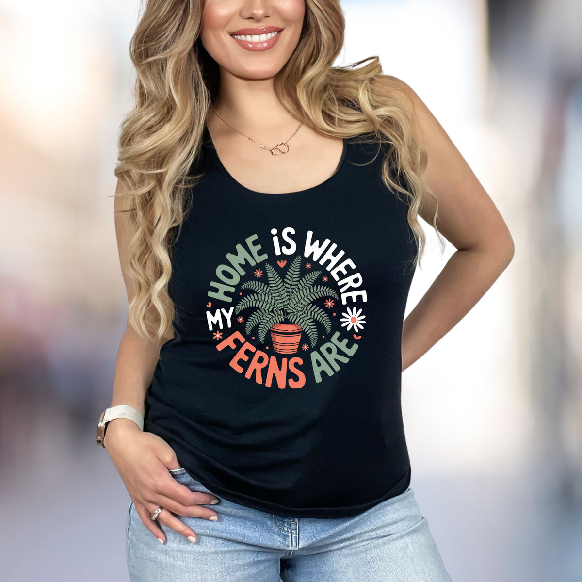 Home Is Where My Ferns Are Plant Lover Shirt | Plant Mom Garden Shirt | Women's Slim-Fit Racerback Tank Top