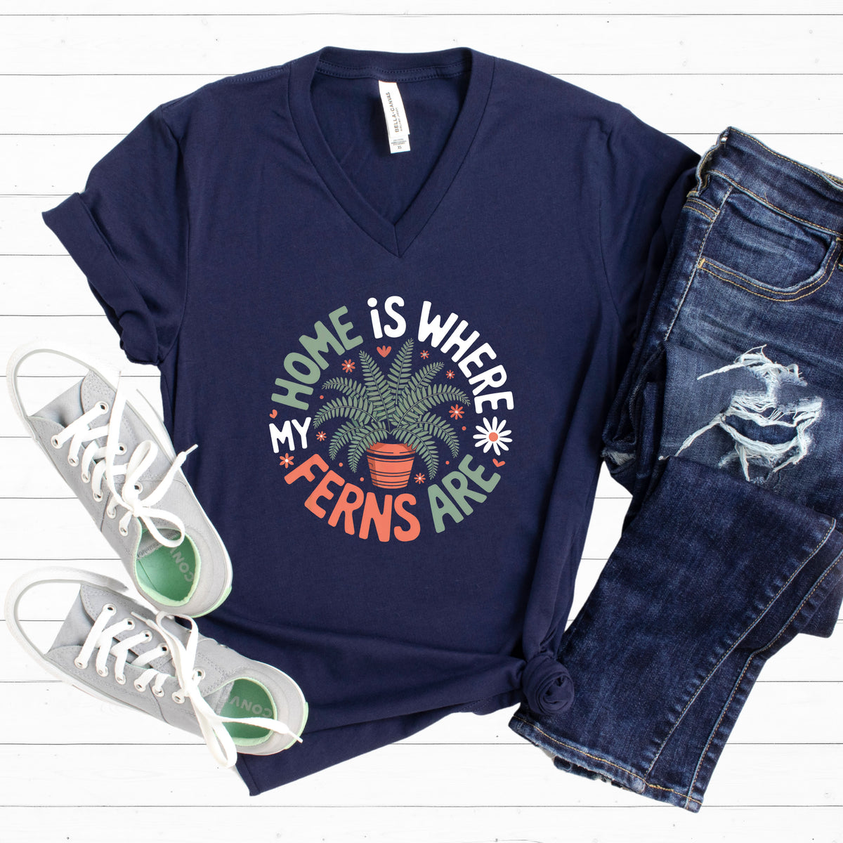 Home Is Where My Ferns Are Plant Lover Shirt  | Navy Blue V-neck Jersey T-shirt