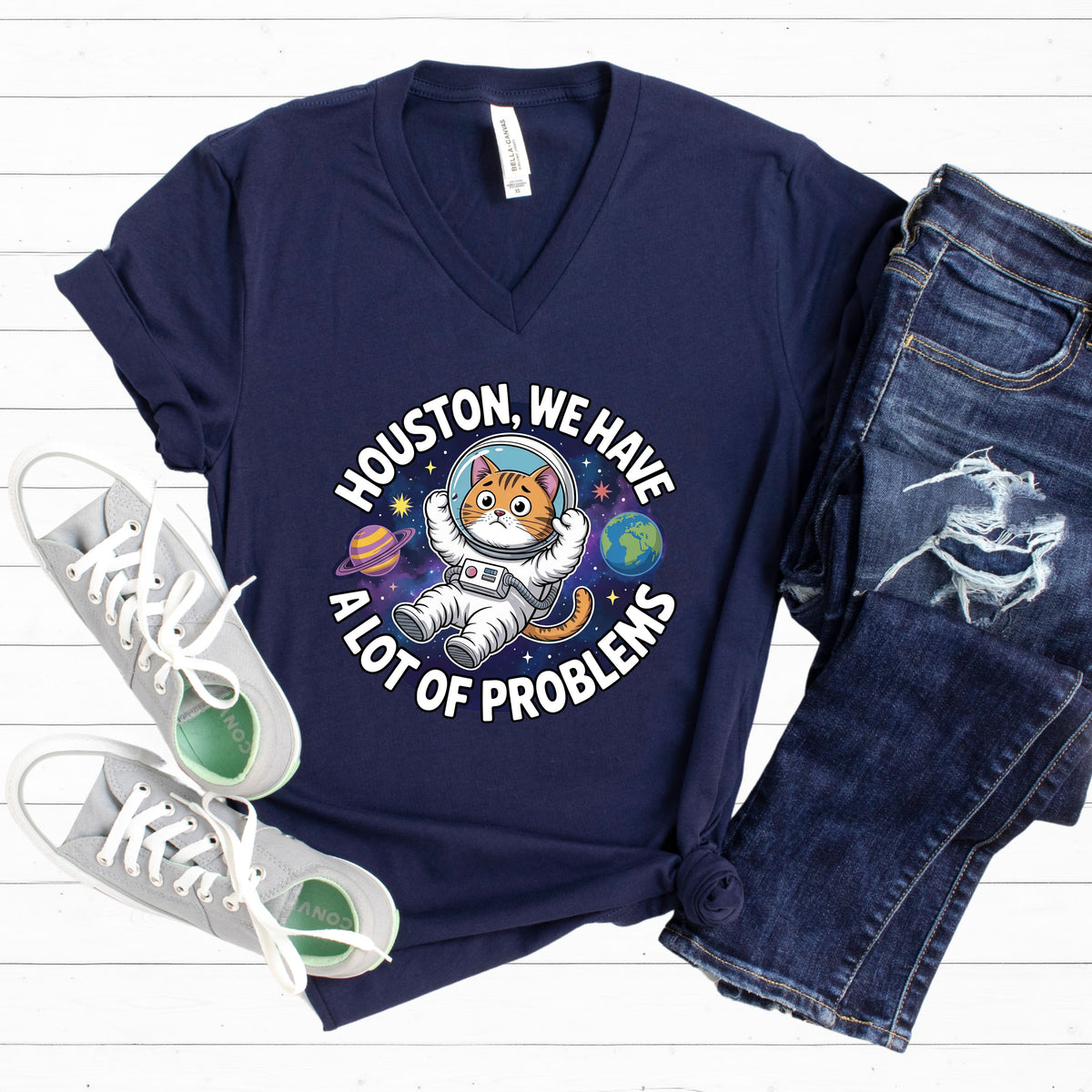 Funny Astronaut Cat V Neck Shirt | Houston We Have Problems V-Neck T-shirt | Cat Lover Gift | Nerdy Space Tee