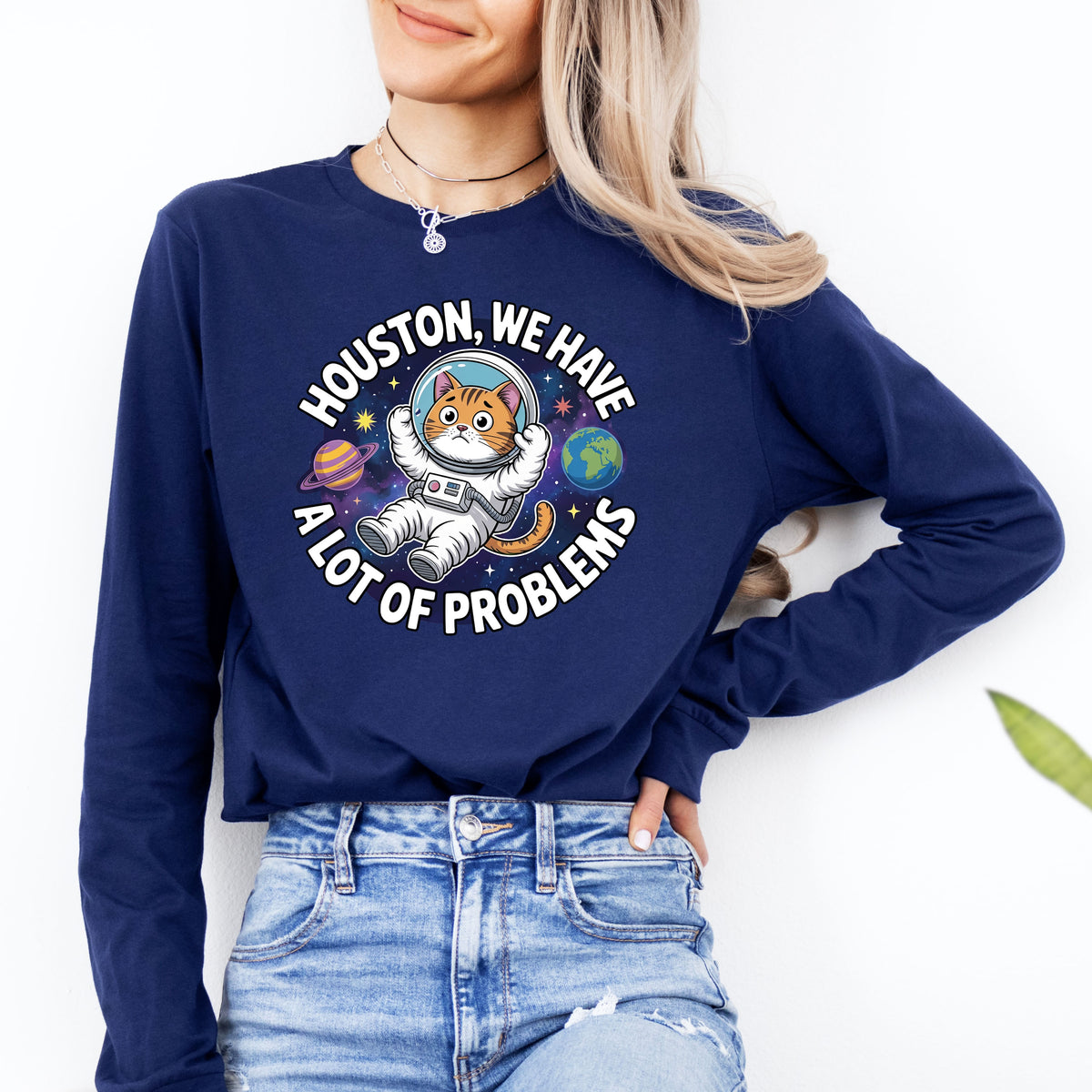 Funny Astronaut Cat Long Sleeved Tee  | Navy Blue Long-sleeved t-shirt