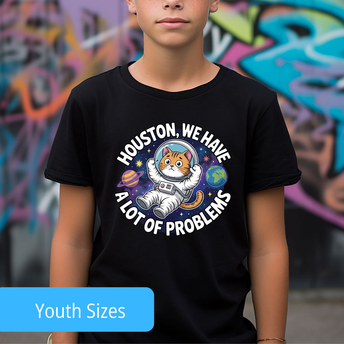 Funny Astronaut Cat Youth Shirt | Black Youth T-shirt