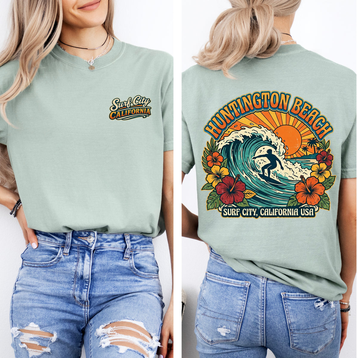 Surf City Huntington Beach Shirt | Retro California Surfing Tee | Hibiscus Flower Garment-Dyed T-shirt