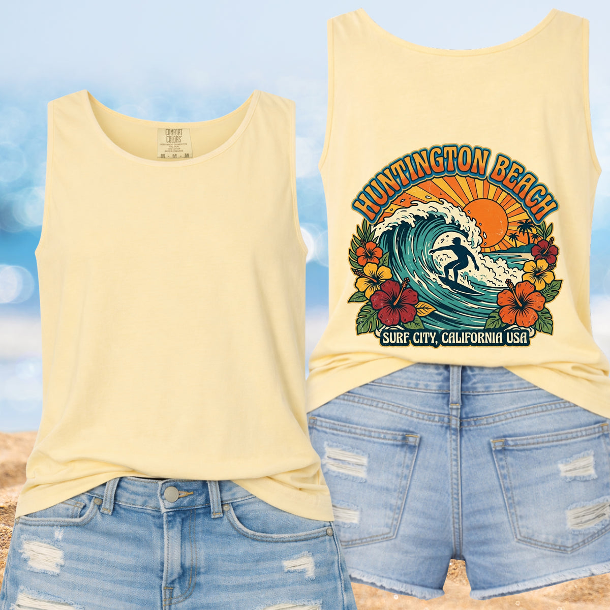 Surf City Huntington Beach Shirt | Retro California Surfing Tee | Hibiscus Flower Garment-Dyed Tank Top