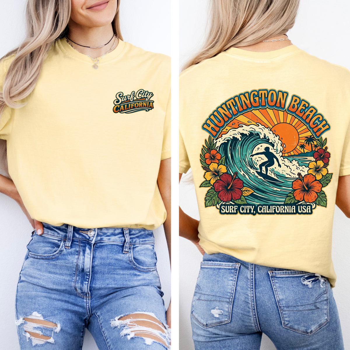 Surf City Huntington Beach Shirt | Retro California Surfing Tee | Hibiscus Flower Garment-Dyed T-shirt