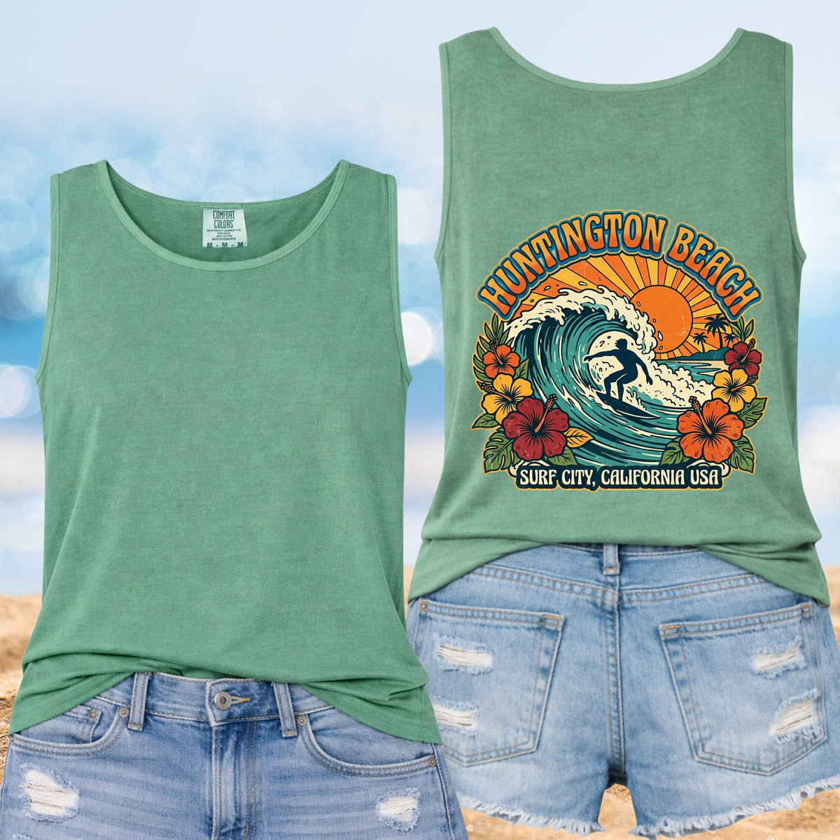Surf City Huntington Beach Shirt | Light Green Garment-dyed Tank Top