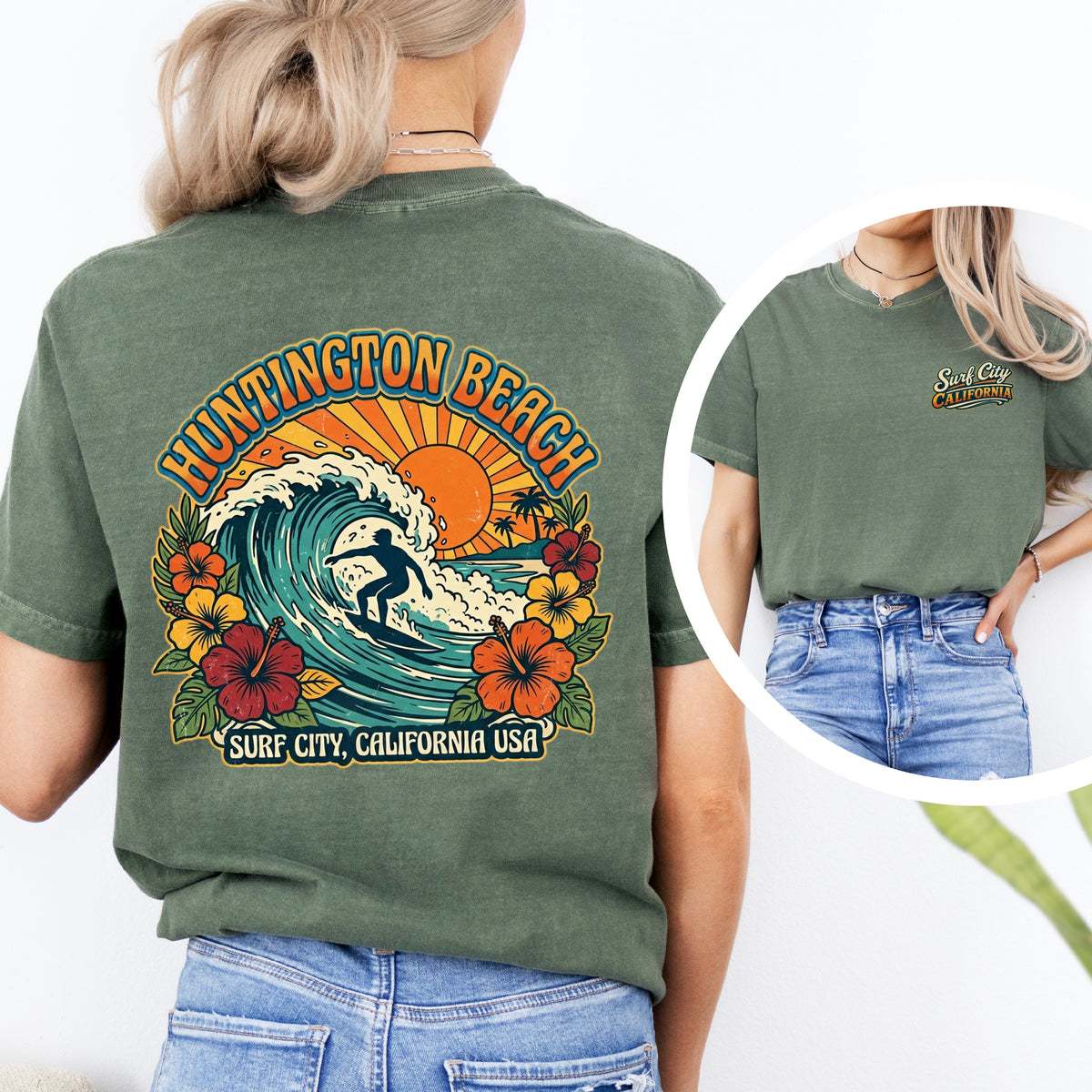 Surf City Huntington Beach Shirt | Retro California Surfing Tee | Hibiscus Flower Garment-Dyed T-shirt