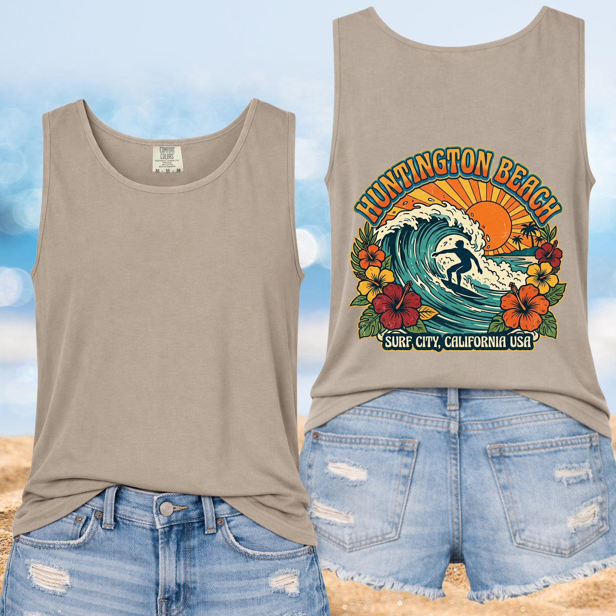 Surf City Huntington Beach Shirt | Retro California Surfing Tee | Hibiscus Flower Garment-Dyed Tank Top