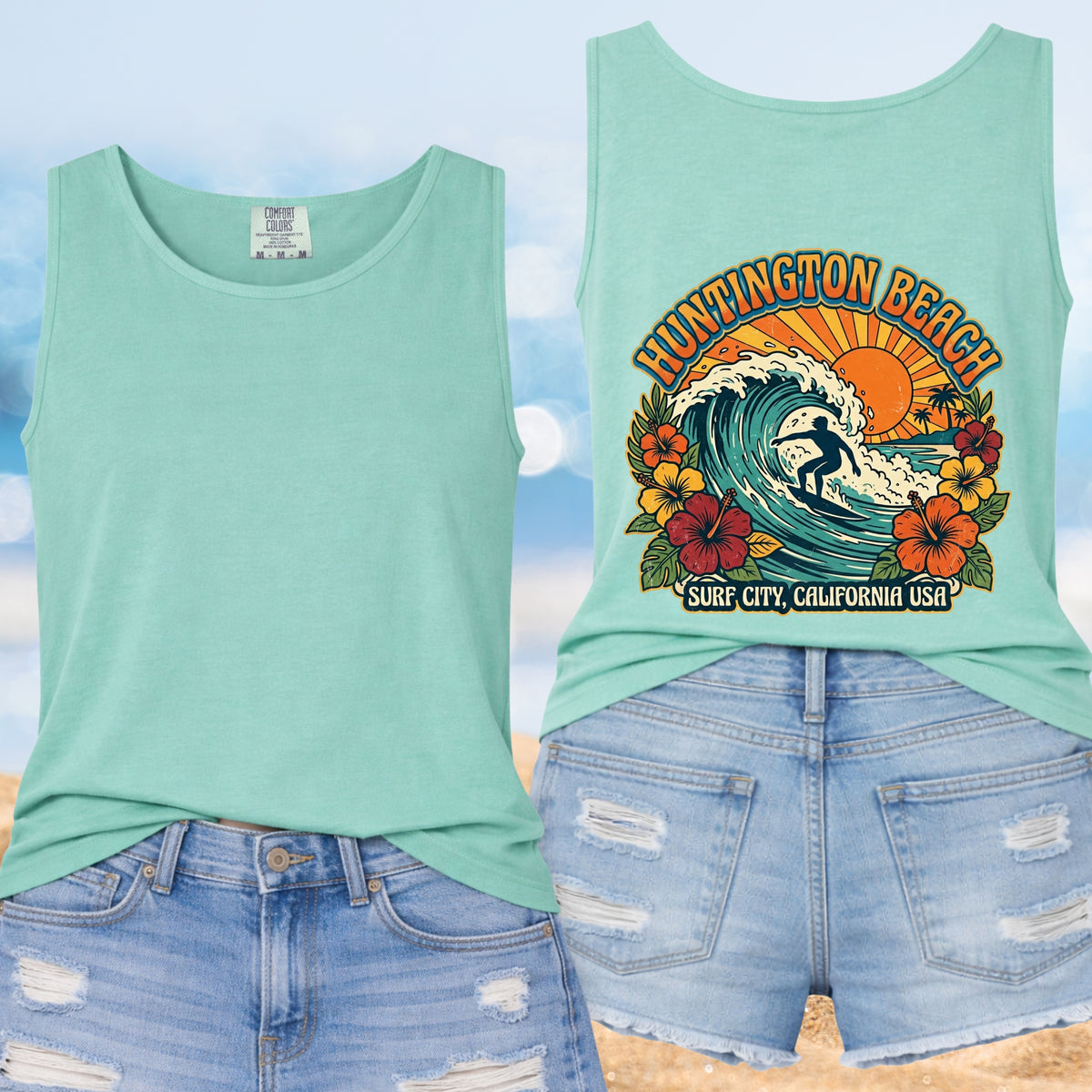 Surf City Huntington Beach Shirt | Retro California Surfing Tee | Hibiscus Flower Garment-Dyed Tank Top