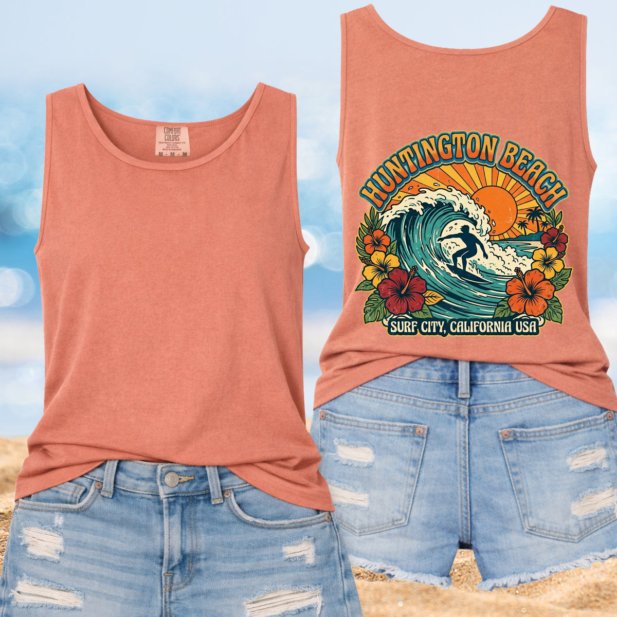 Surf City Huntington Beach Shirt | Retro California Surfing Tee | Hibiscus Flower Garment-Dyed Tank Top