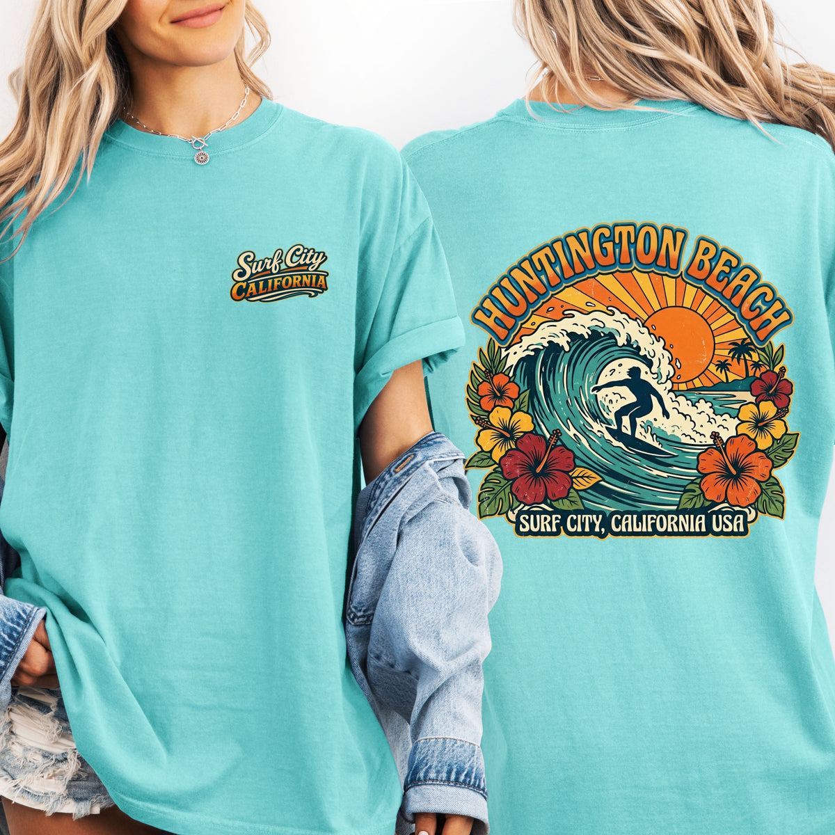 Surf City Huntington Beach Shirt | Retro California Surfing Tee | Hibiscus Flower Garment-Dyed T-shirt