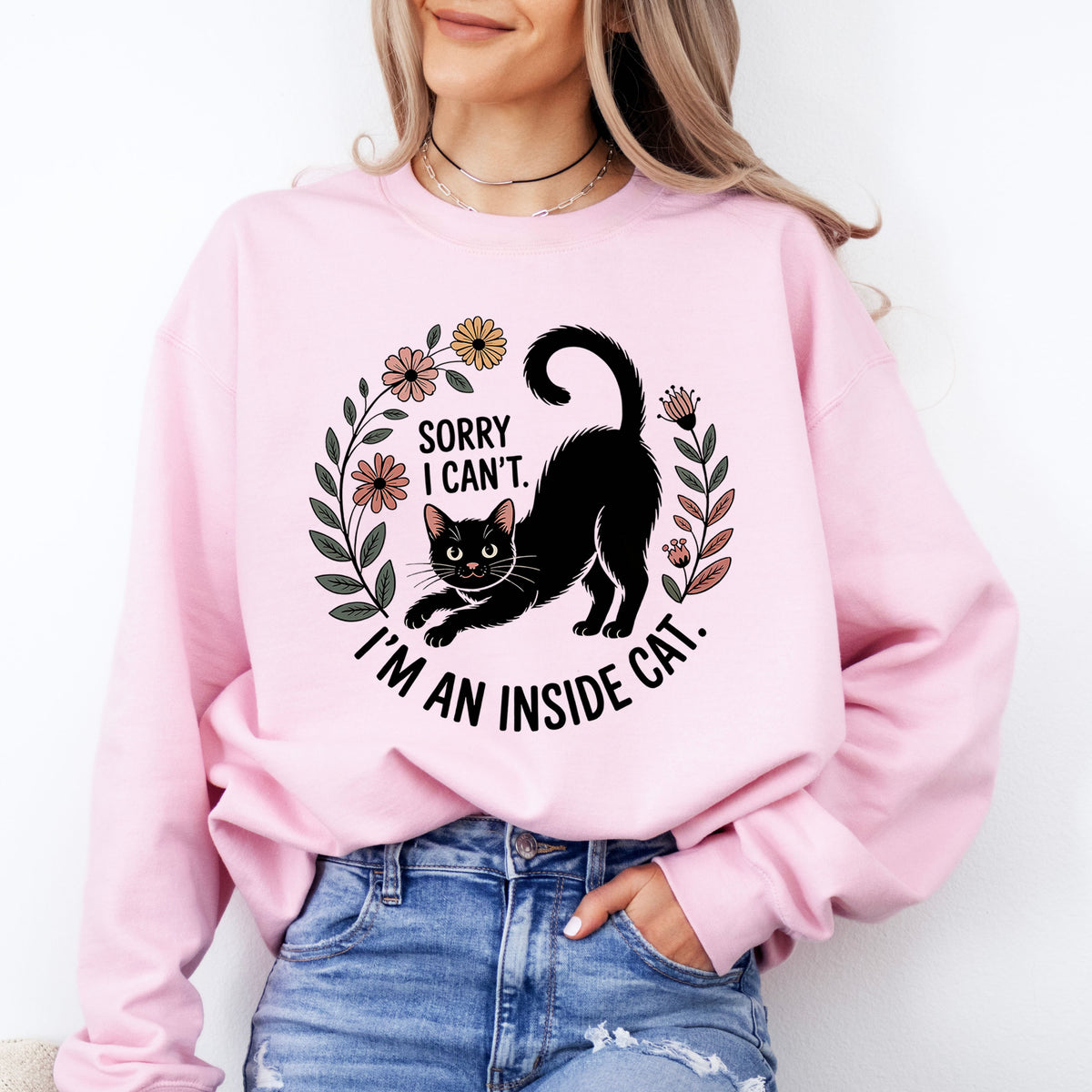 Indoor Cat Crewneck Sweatshirt | Black Cat Shirt | Sorry I Can't I'm an Indoor Cat | Cat Lover Gift