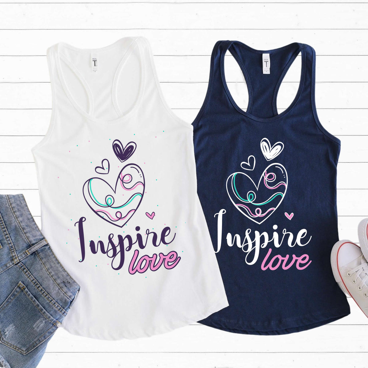 Inspire Love Motivational Aesthetic Shirt | Navy and White Racerback Tank Tops