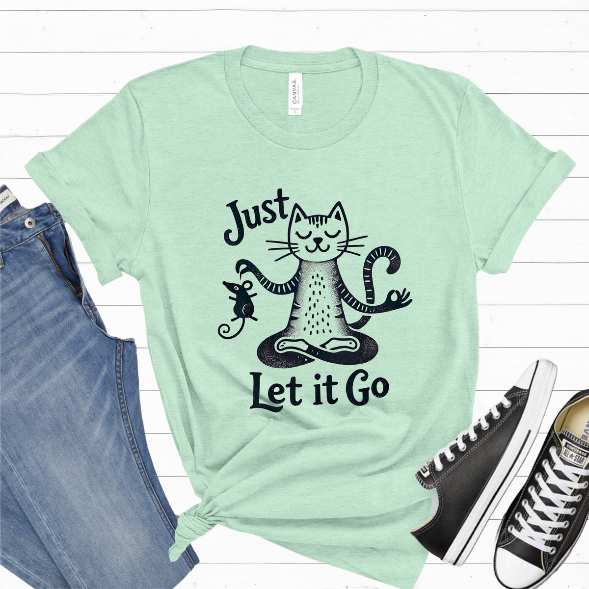 Just Let It Go Funny Cat Yoga Shirt  | Heather Mint Unisex Jersey T-shirt