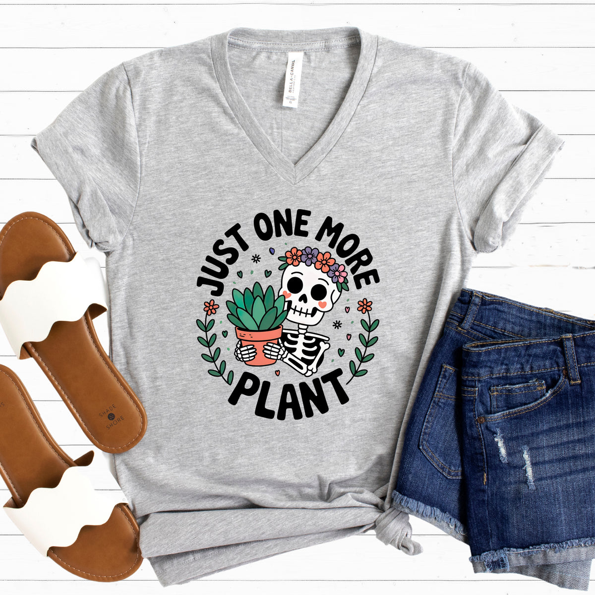 Just One More Plant Cute Skeleton Shirt | Athletic Heather V-neck T-shirt