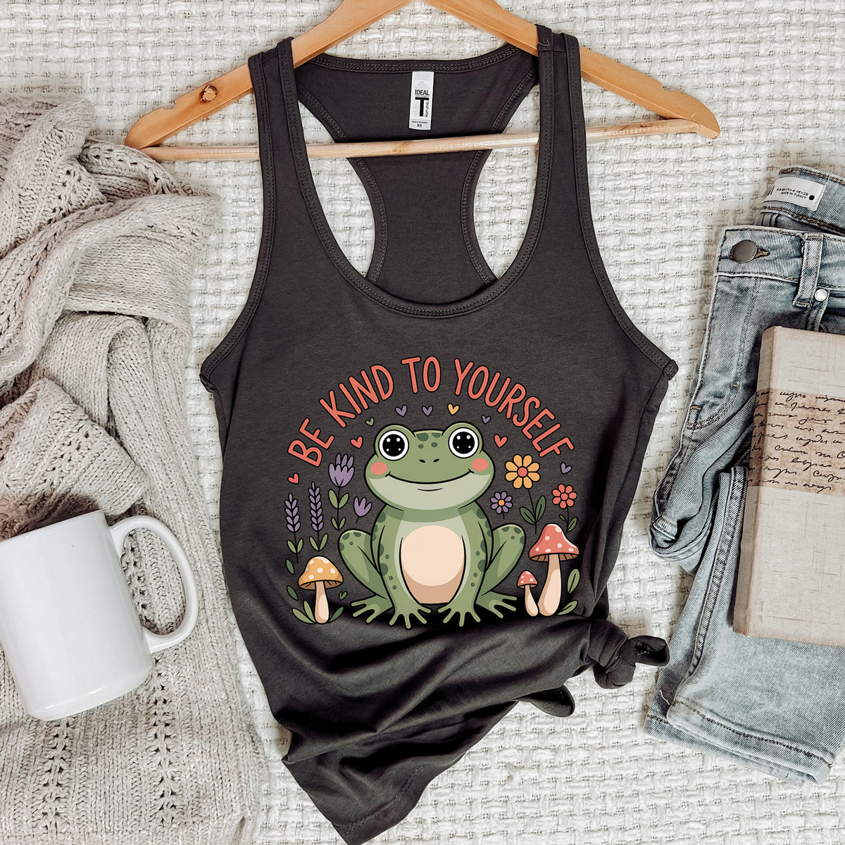 Be Kind To Yourself Cottagecore Frog Tank Top | Dark Grey Racerback Tank Top
