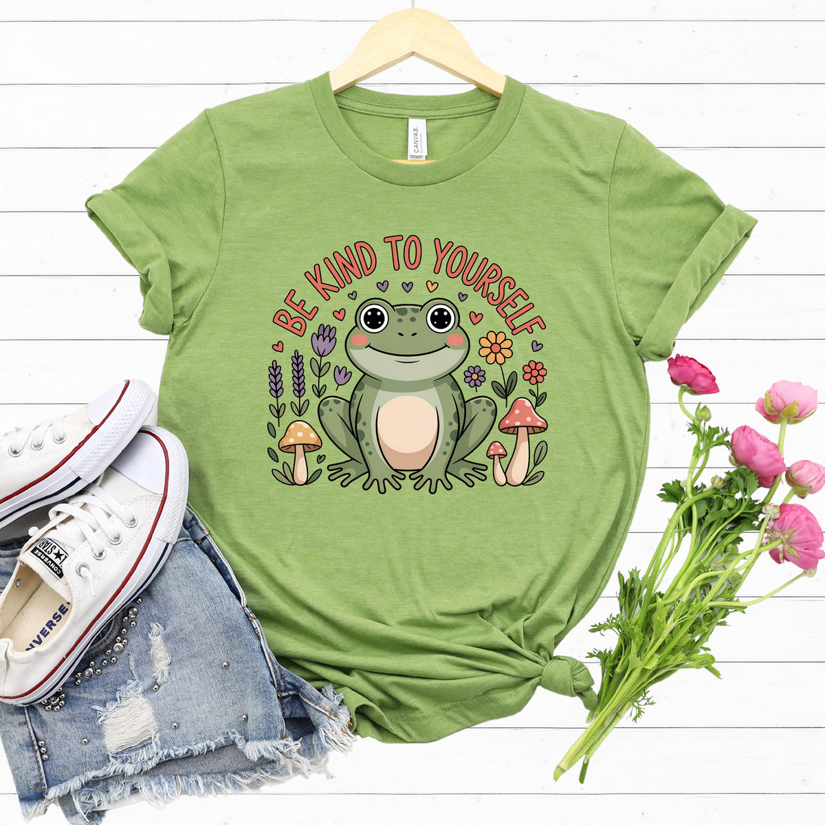 Be Kind To Yourself Cottagecore Frog Shirt | Heather Green Jersey Tshirt