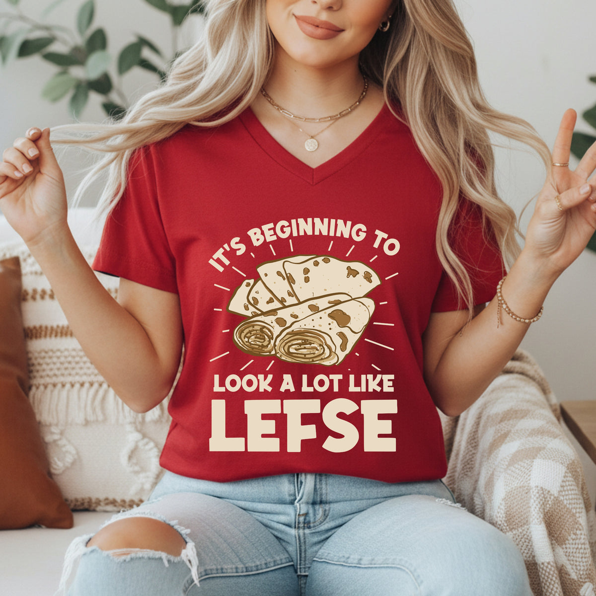Norwegian Lefse Funny Holiday Baking Shirt | Red Vneck T-shirt