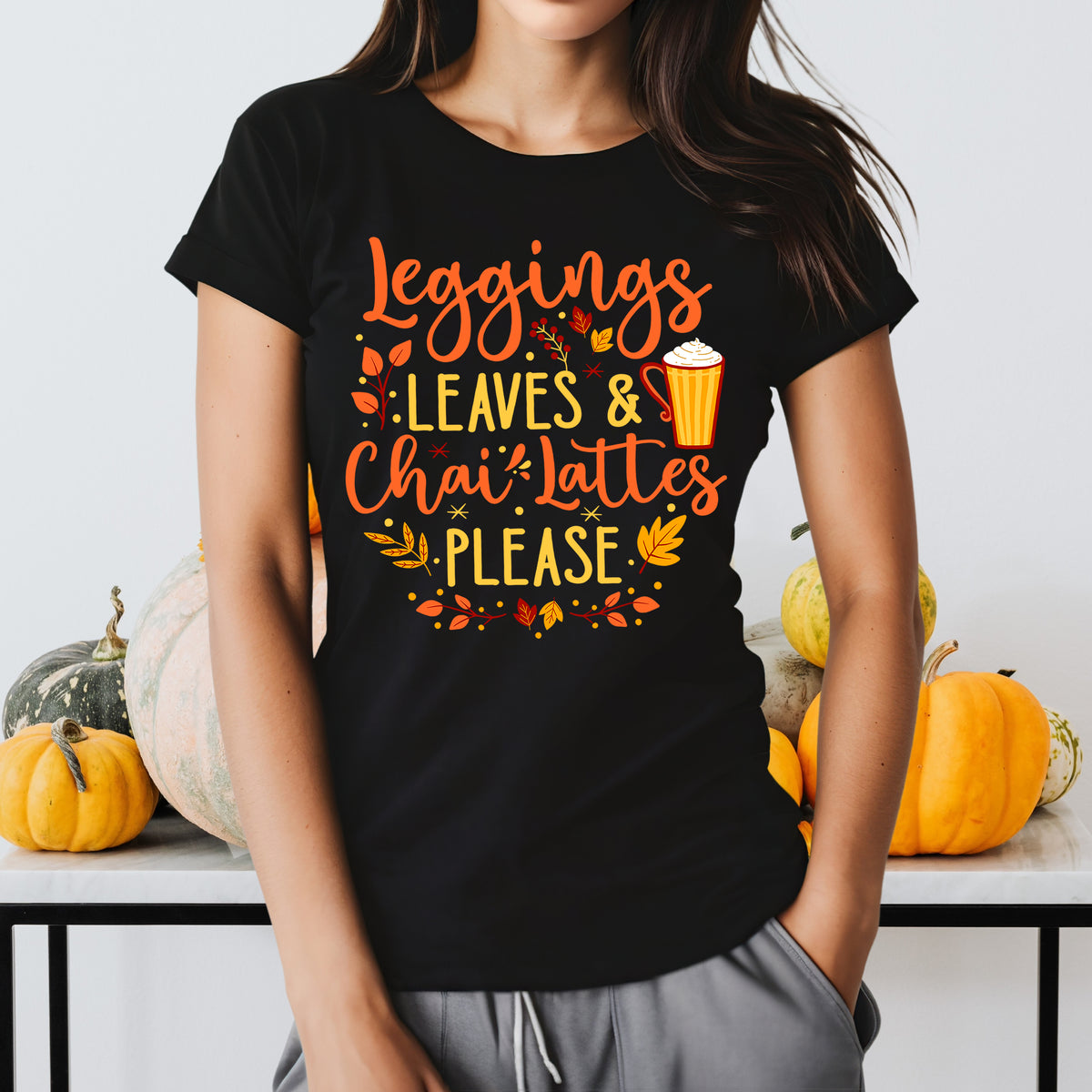 Leggings Leaves Chai Lattes Fall Lover Shirt | Chai Tea Shirt | Fall Leaves Tshirt | Women's Slim-Fit Soft Style Tee