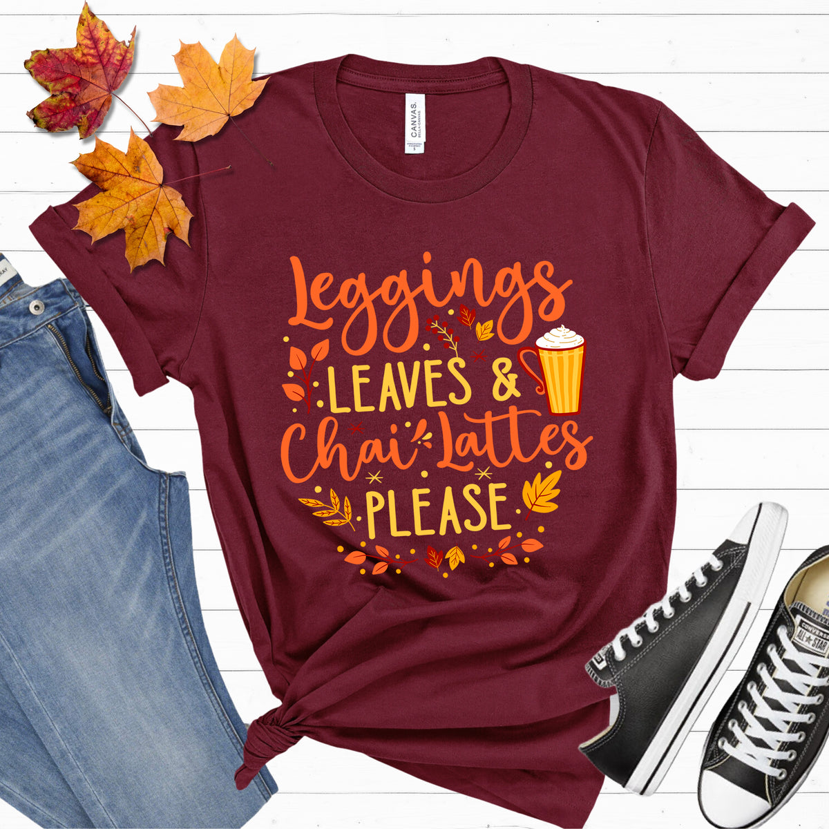 Leggings Leaves Chai Lattes Fall Lover Shirt | Chai Tea Shirt | Fall Leaves Tshirt | Unisex Jersey T-shirt