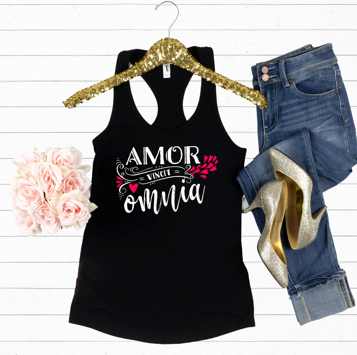 Love Conquers All Valentine Heart Shirt  | Black Racerback Tank Top