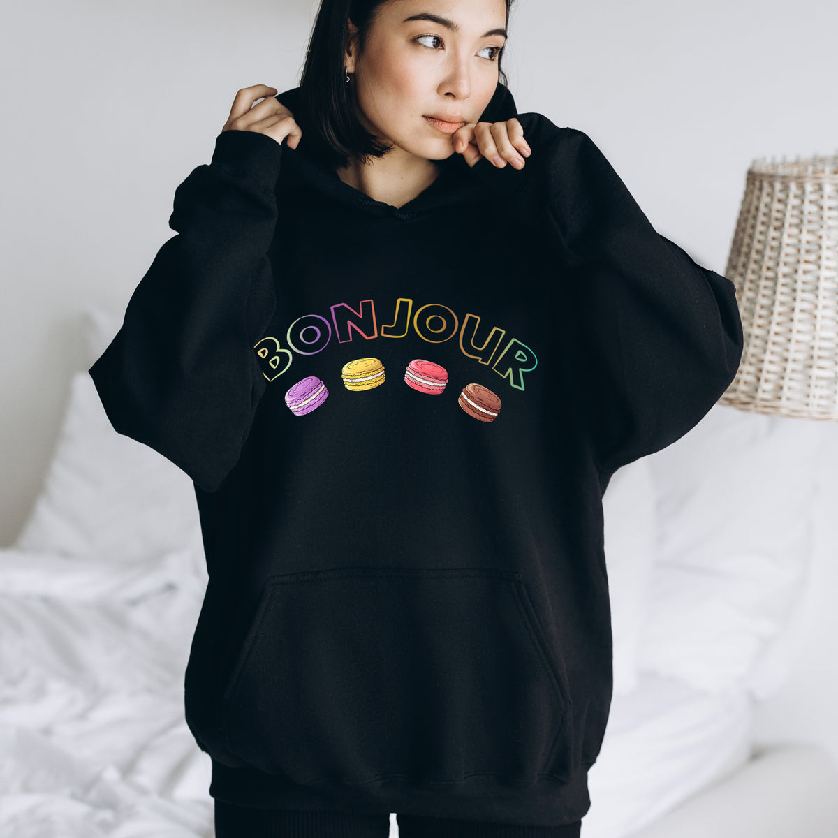 Bonjour French Macaron Cookie Baking Shirt | Black Unisex Hoodie