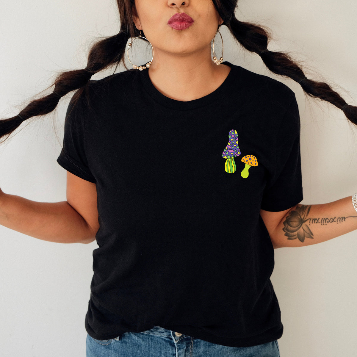 Magic Mushroom Neon Fantasy Pocket Tee Shirt | Black Unisex Jersey T-shirt