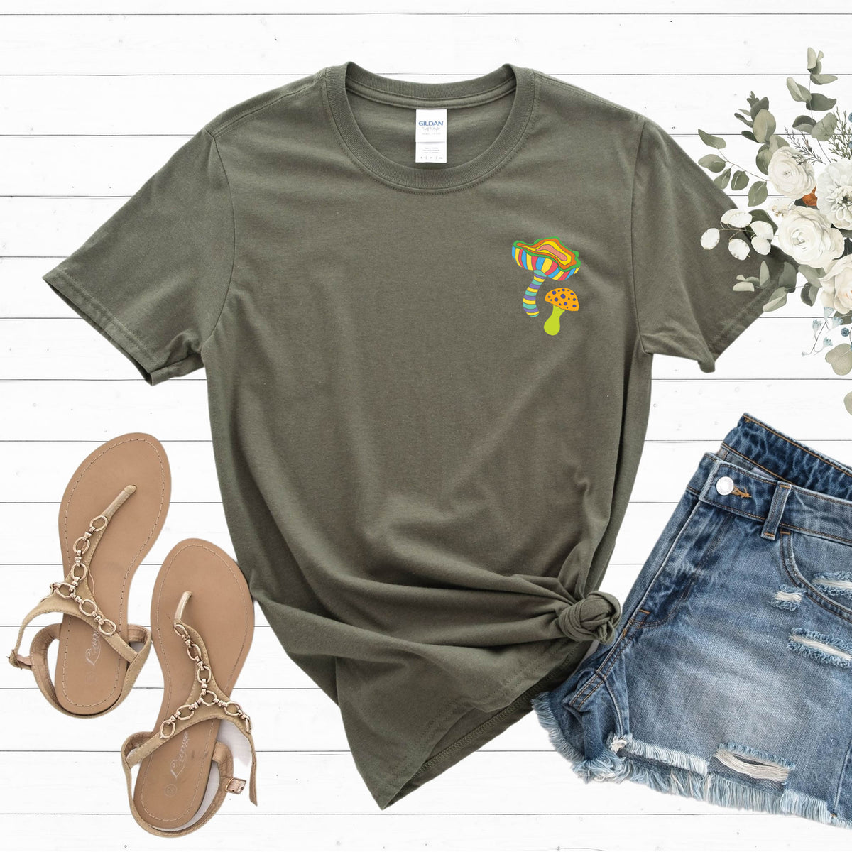 Magic Mushroom Neon Fantasy Pocket Tee Shirt | Military Green Tshirt