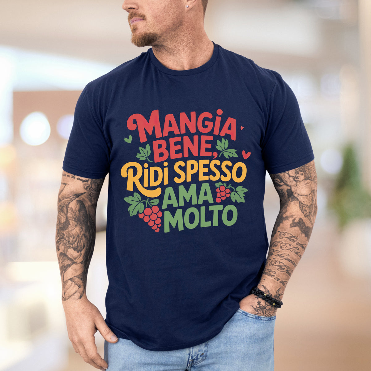 Mangia Bene Italian Saying Shirt | Navy Blue Soft Style T-shirt