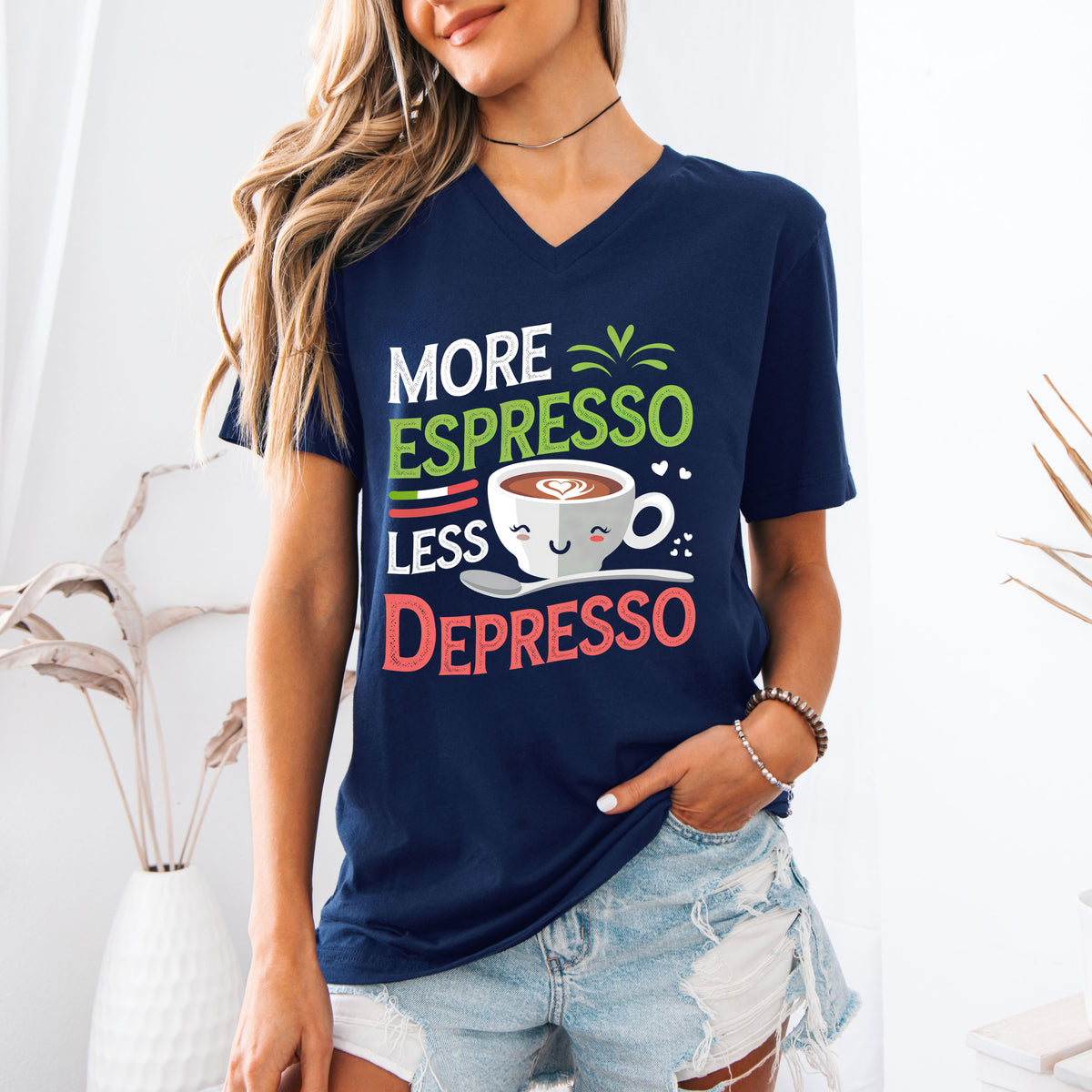 More Espresso Funny Italy Expresso Shirt | Navy V-neck T-shirt