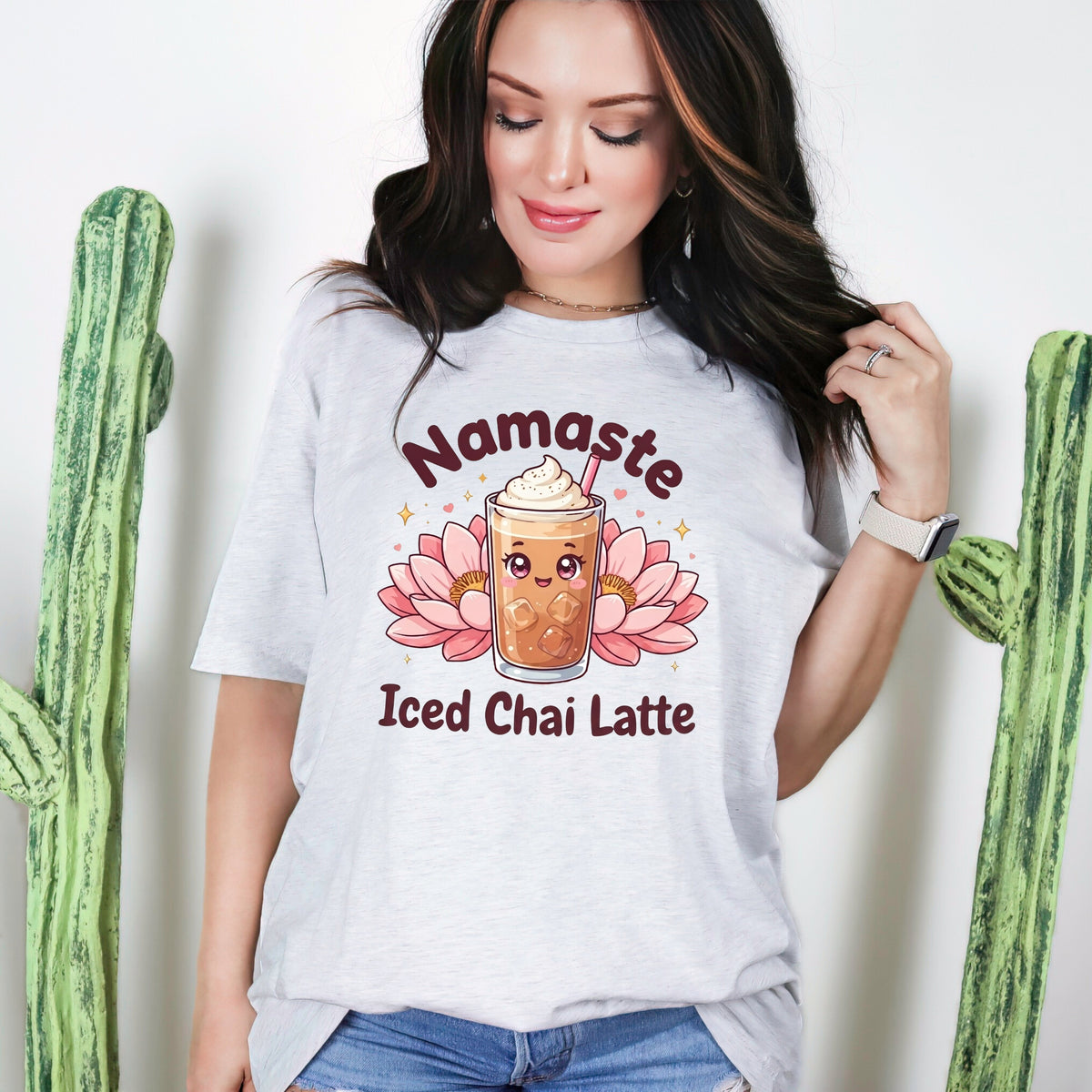 Namaste Iced Chai Latte Tea Shirt | Kawaii Tea Lover Gift | Pink Yoga Shirt | Unisex Jersey T-shirt